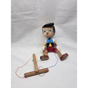 Pinocchio wooden doll Hand Carved and Painted With Puppet Strings 7" Tall-Signed